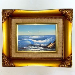 Vintage Oil Painting Ocean Seaside Landscape Gold Framed Small Signed Tony